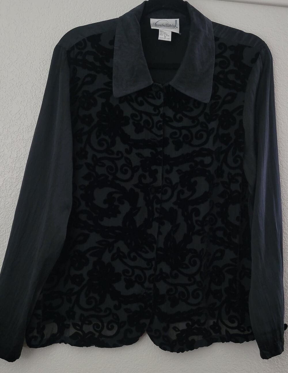 Diane Von Furstenberg Silk Assets Black Burnout Velvet Silk Blouse M Sheer